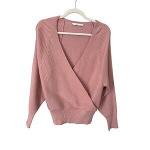 Lush Sweater Size Small Ribbed V Neck Faux Wrap Long Sleeve Dusty Pink Cozy Knit